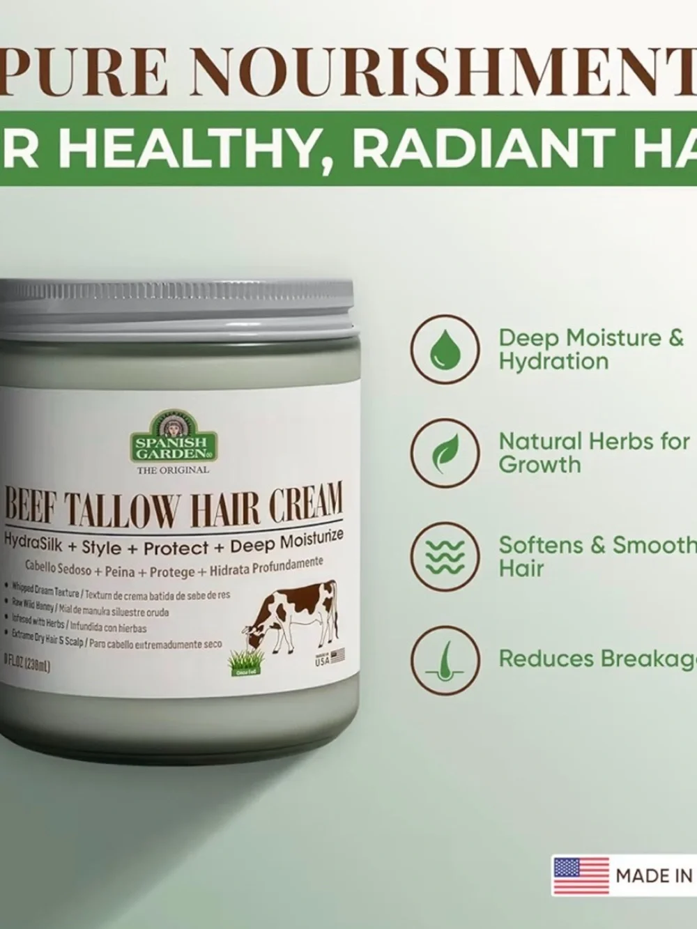 Spanish Garden Beef Tallow Hair Cream – Organic Moisturizing & Styling Balm‎ 8oz
